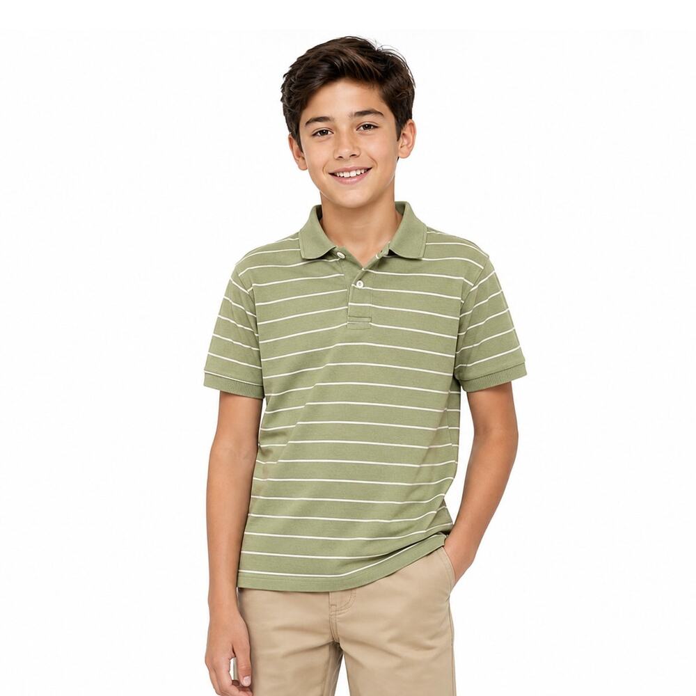 Old Navy Boys Medium Green White Striped Polo Shirt Short Sleeve Cotton Blend